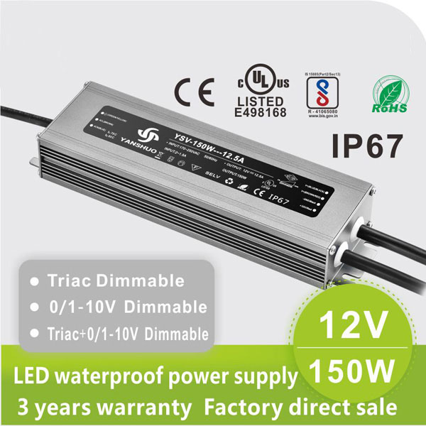 AC110V/220V DC12V 150W 12.5A UL-Listed LED Waterproof IP67 Triac and 0/1-10V Dimmable LED Dimming Power Supply